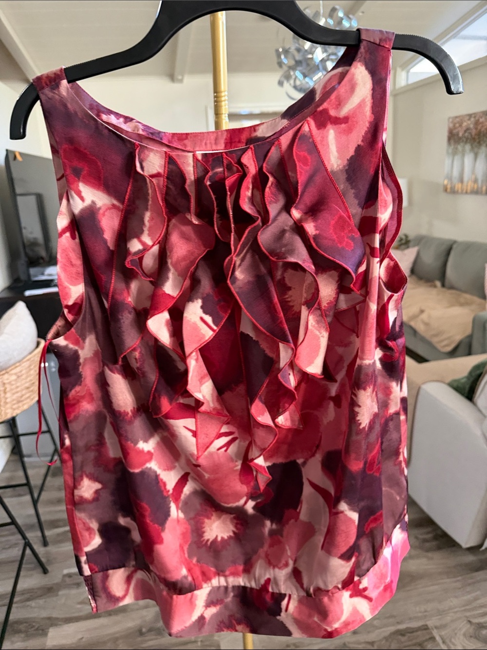 LOFT Red & Berry Satin Ruffle Front Blouse